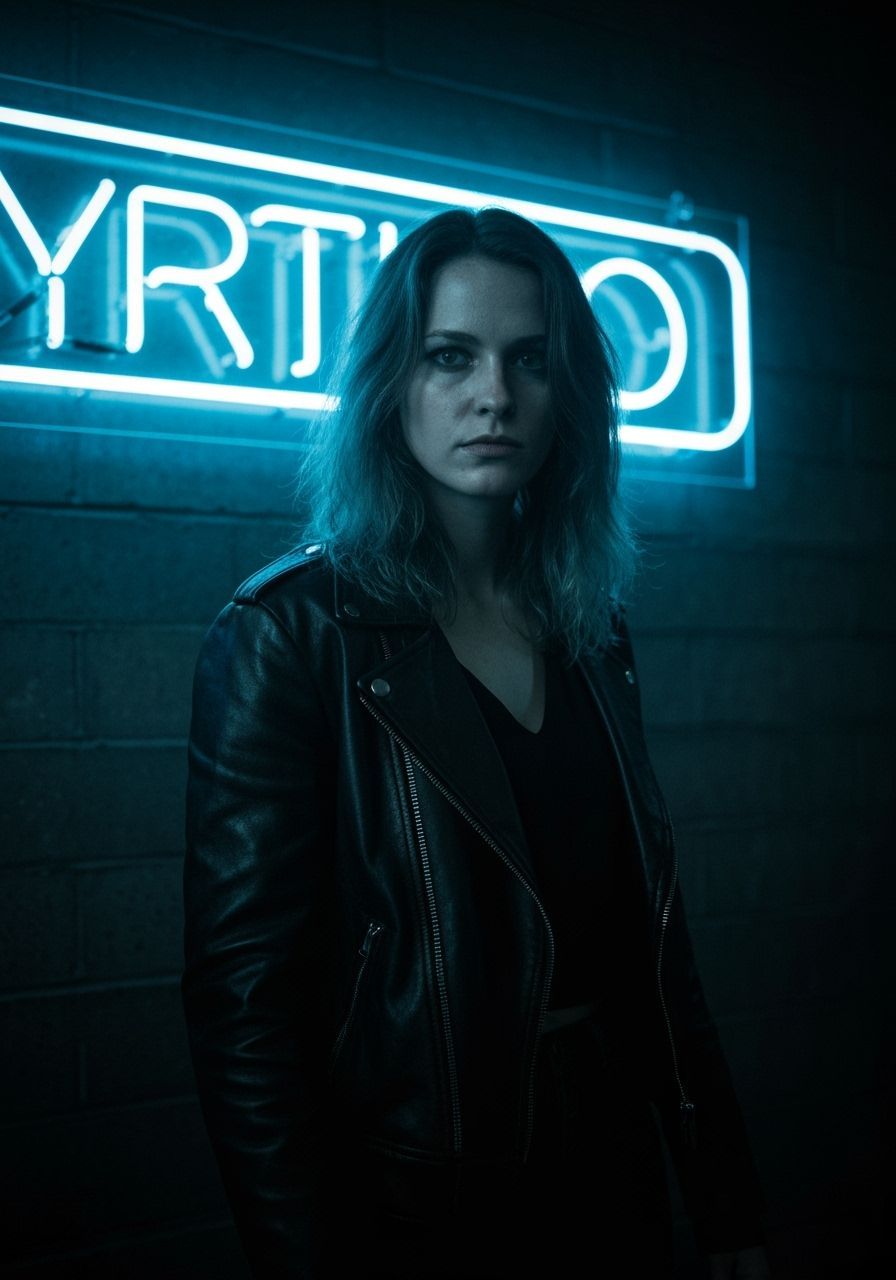 Neon Noir: Fiery Woman in Urban Graveyard