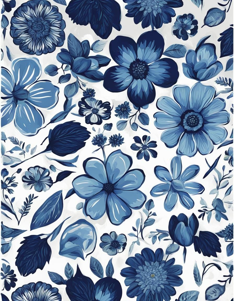 Delft Blue Scandinavian Floral Pattern on White
