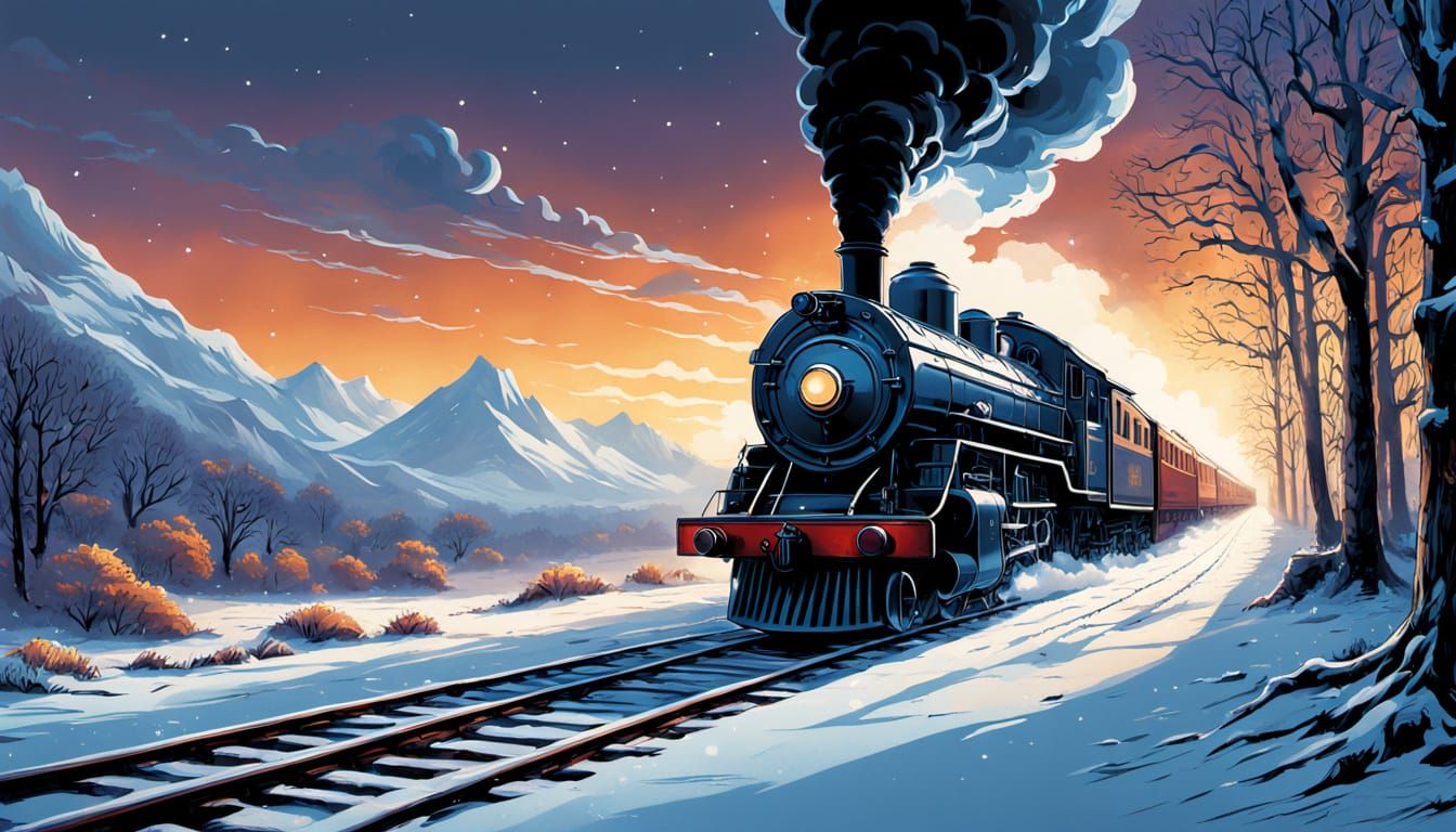 Winter Steam Train in Comic Book Style