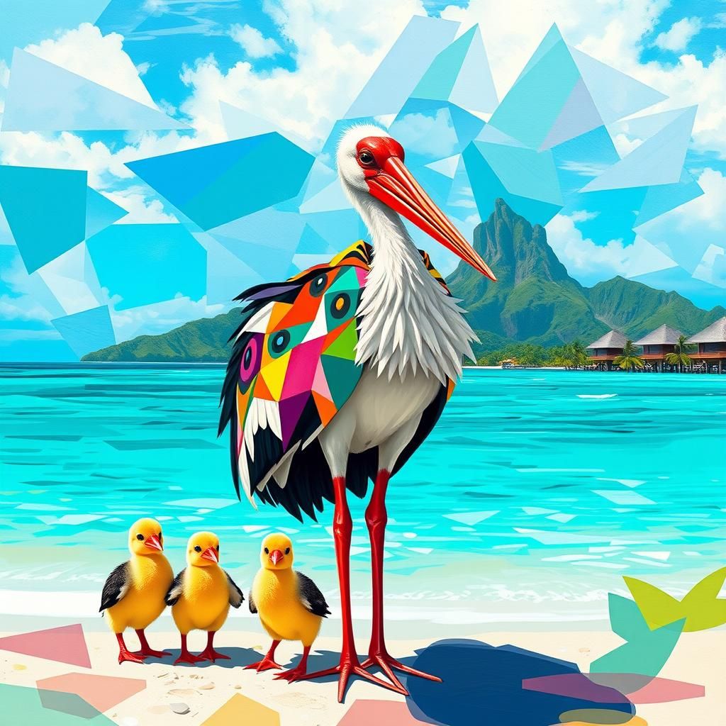 Stork Family on Bora Bora in Geometric Cubist Style