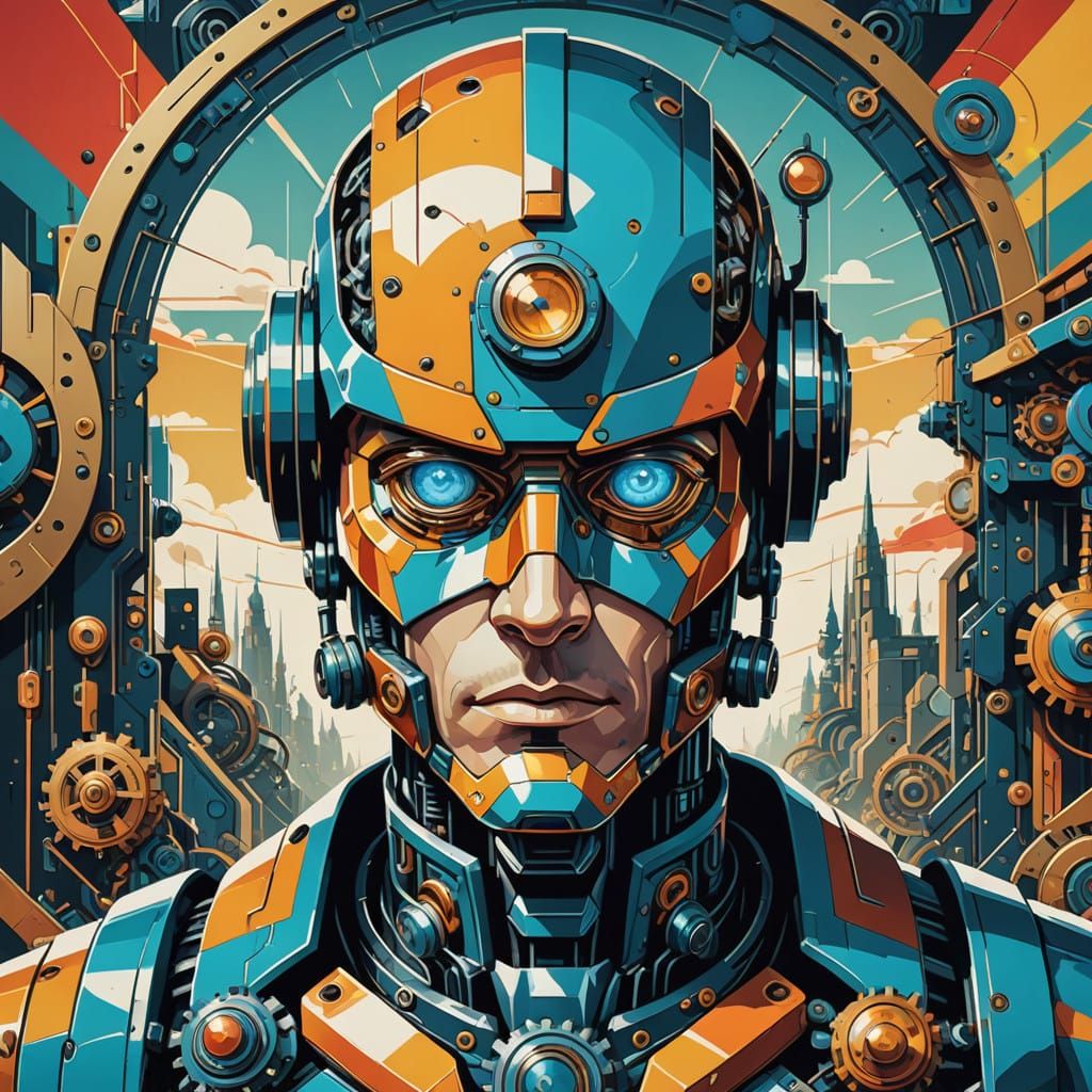 Cyborg Hero in Futuristic Battle Scene