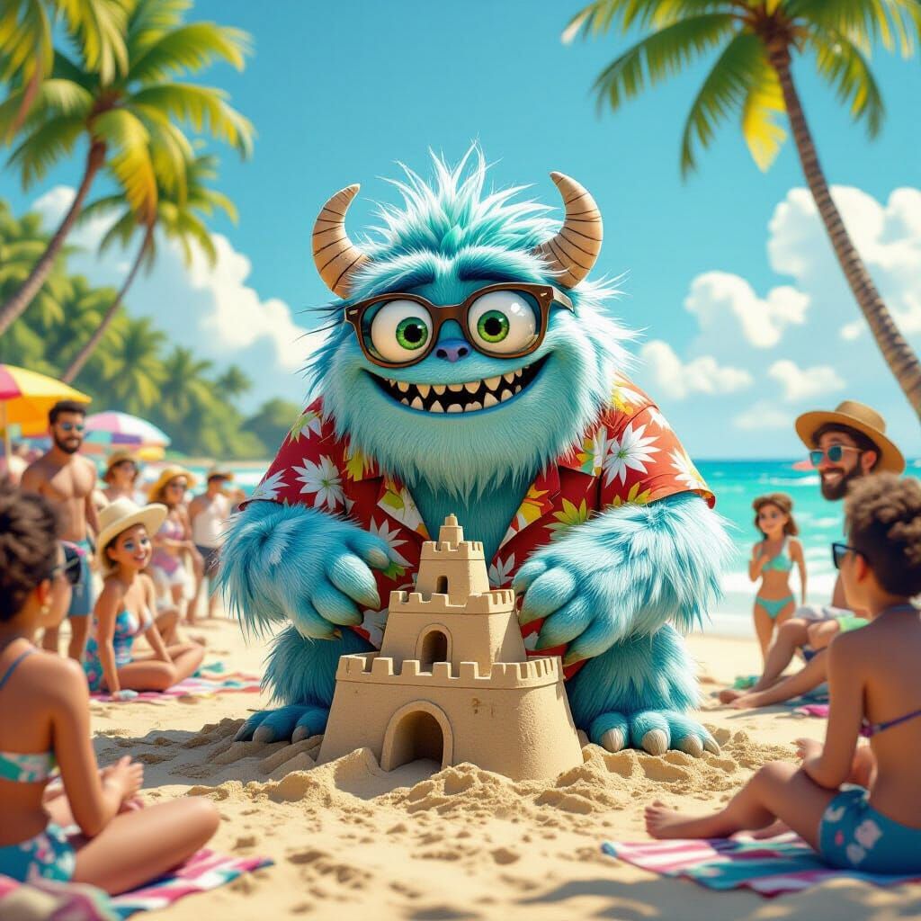 Multi-Eyed Monster Builds Sandcastle on Tropical Beach
