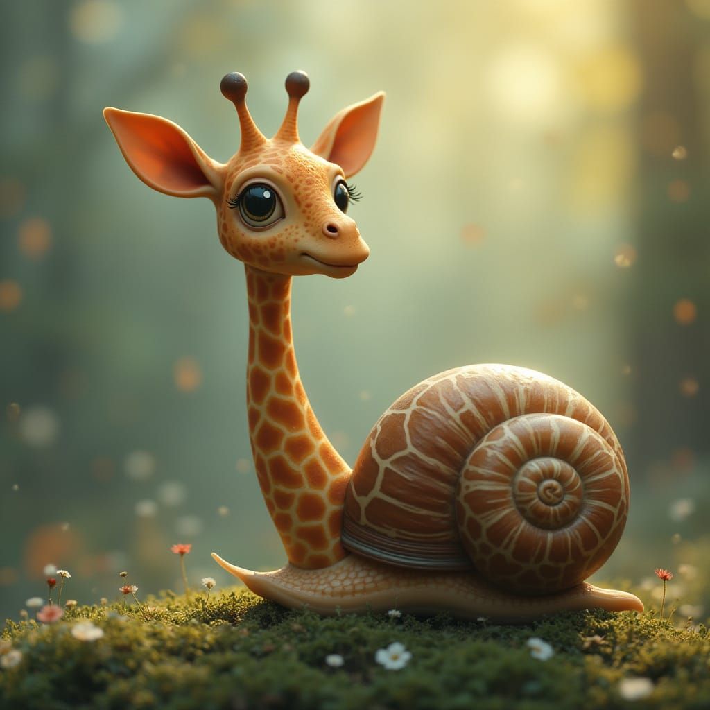 Whimsical Giraffe Snail Fusion in Ethereal Fantasy