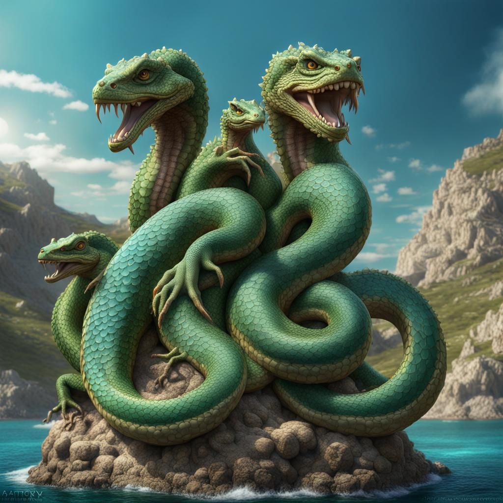 Four-Headed Hydra on Greek Island in Airbrush Art
