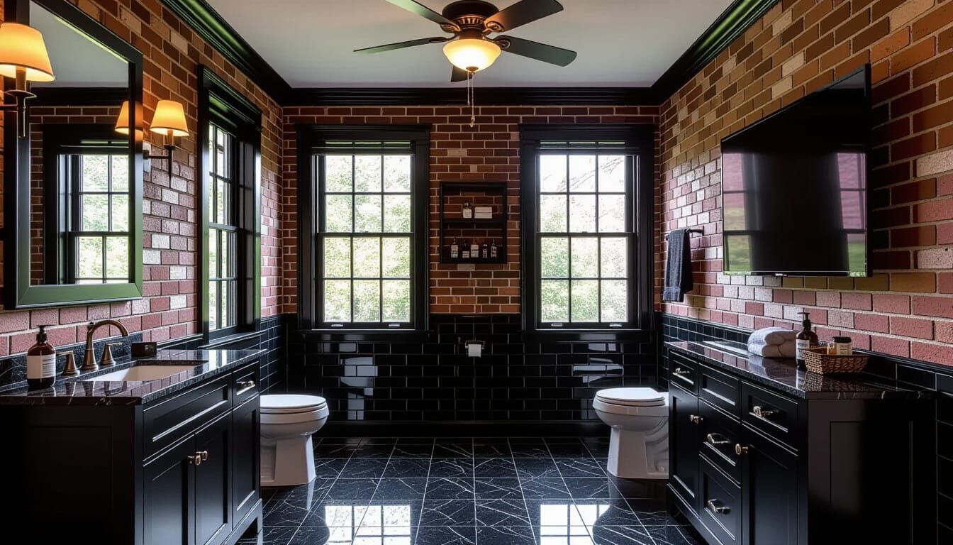 Victorian Black and Brick Bathroom with Cinematic Lighting