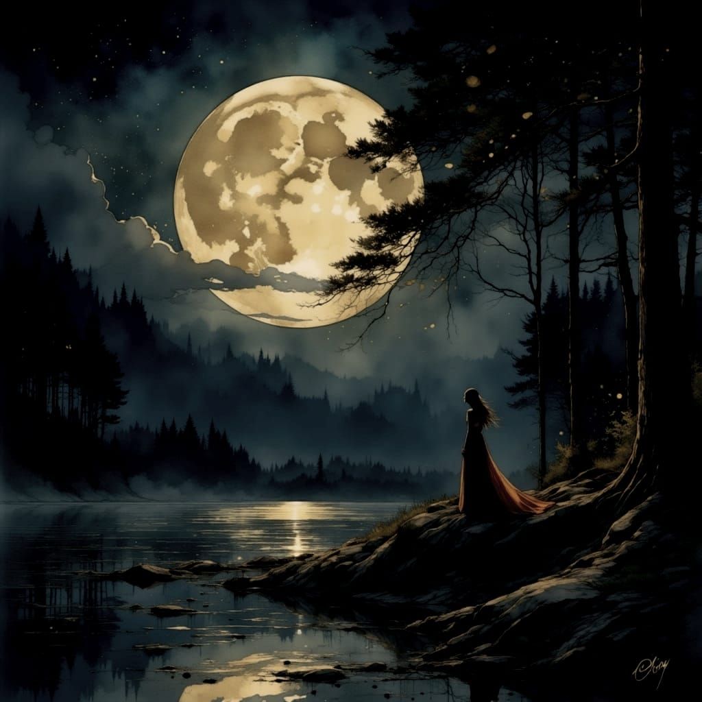 Moonlit River Witch Performing Twilight Ritual