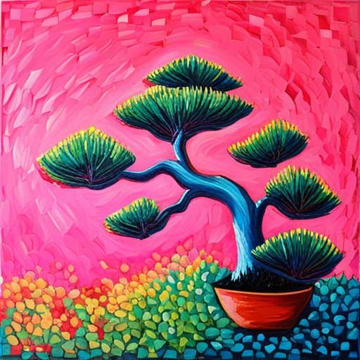 Pink Bonsai Tree Expressionist Impasto Oil Painting