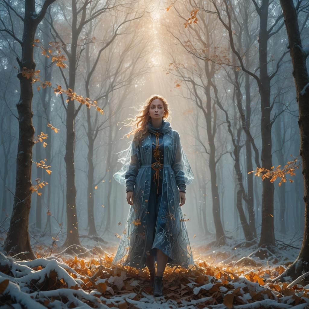 Dreamlike Forest Figure in Autumn-to-Winter Transition