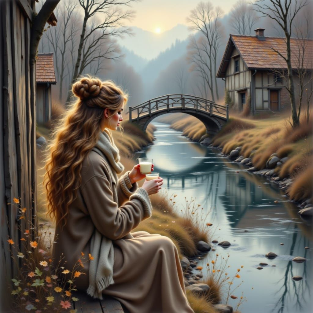 Serene Woman Drinks Milk by Rustic House in Dreamy Style