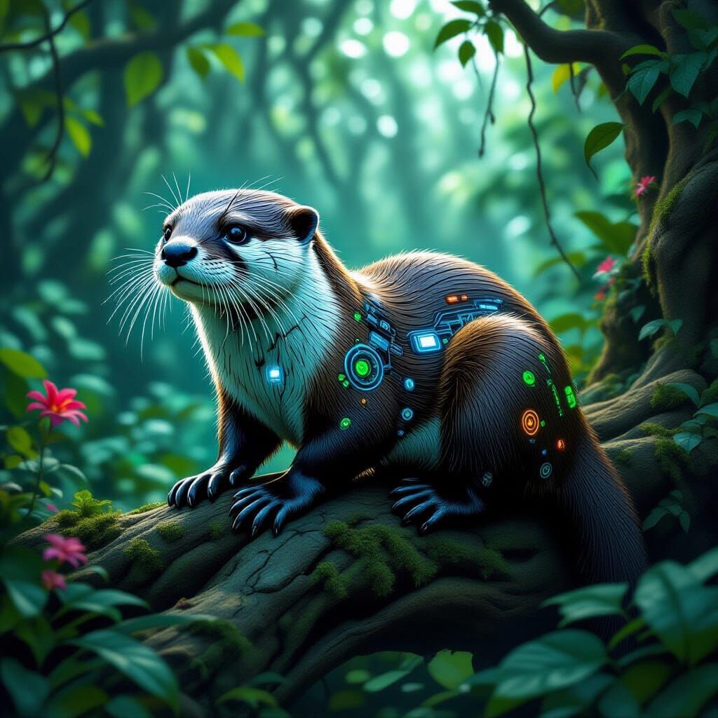 Bioluminescent Biomechanical Otter in Rainforest Style
