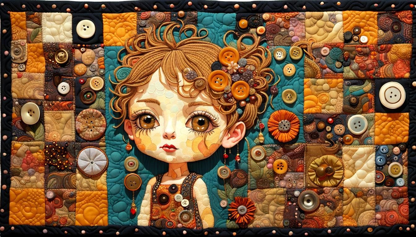 Chibi Moppet Quilt in Klimt-Inspired Mixed Media