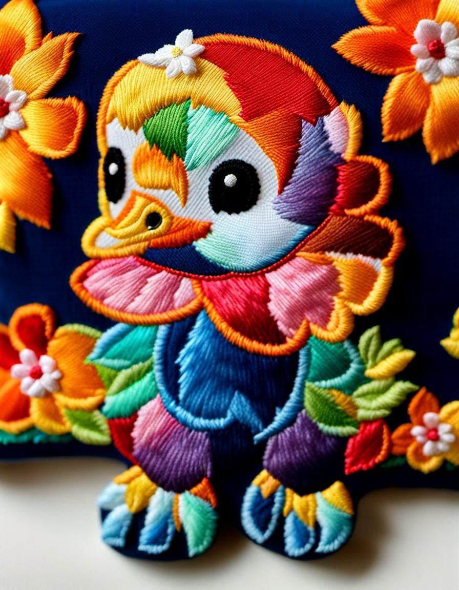 Vibrant Embroidered Duckling with Floral Design