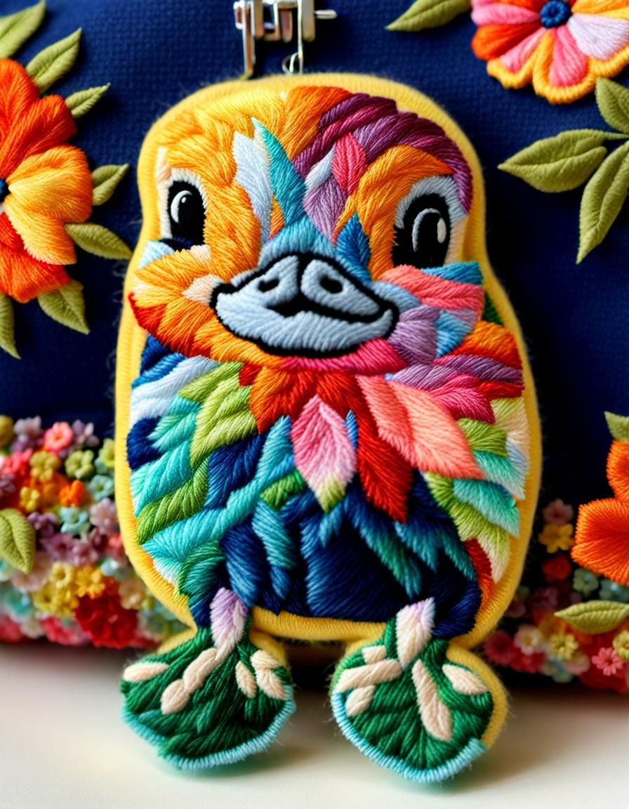 Cute Duckling Embroidery Art with Flowers