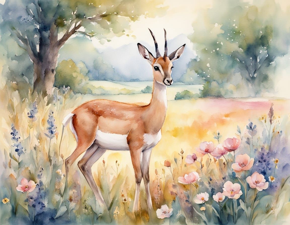 Whimsical Watercolor Gazelle in a Blooming Meadow