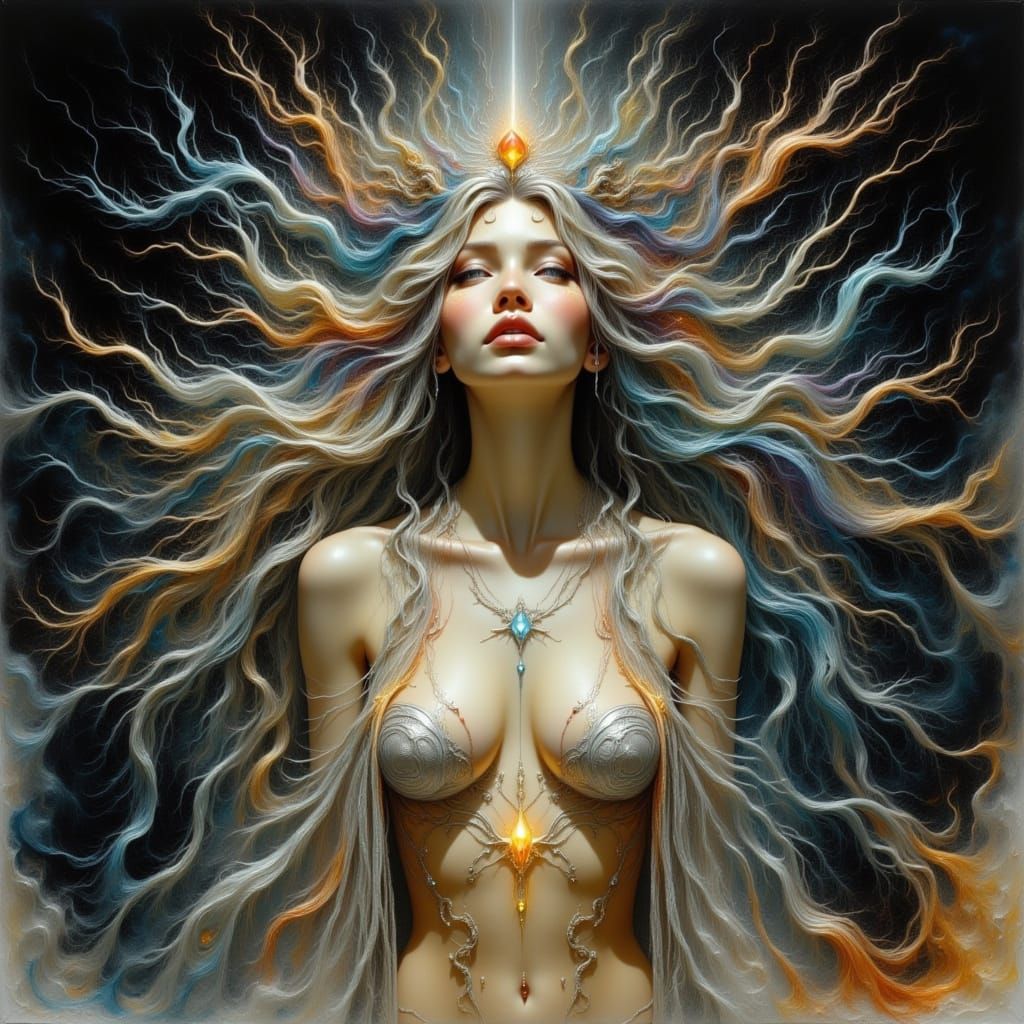 Ethereal Goddess in Spectral Castle Watercolor Painting