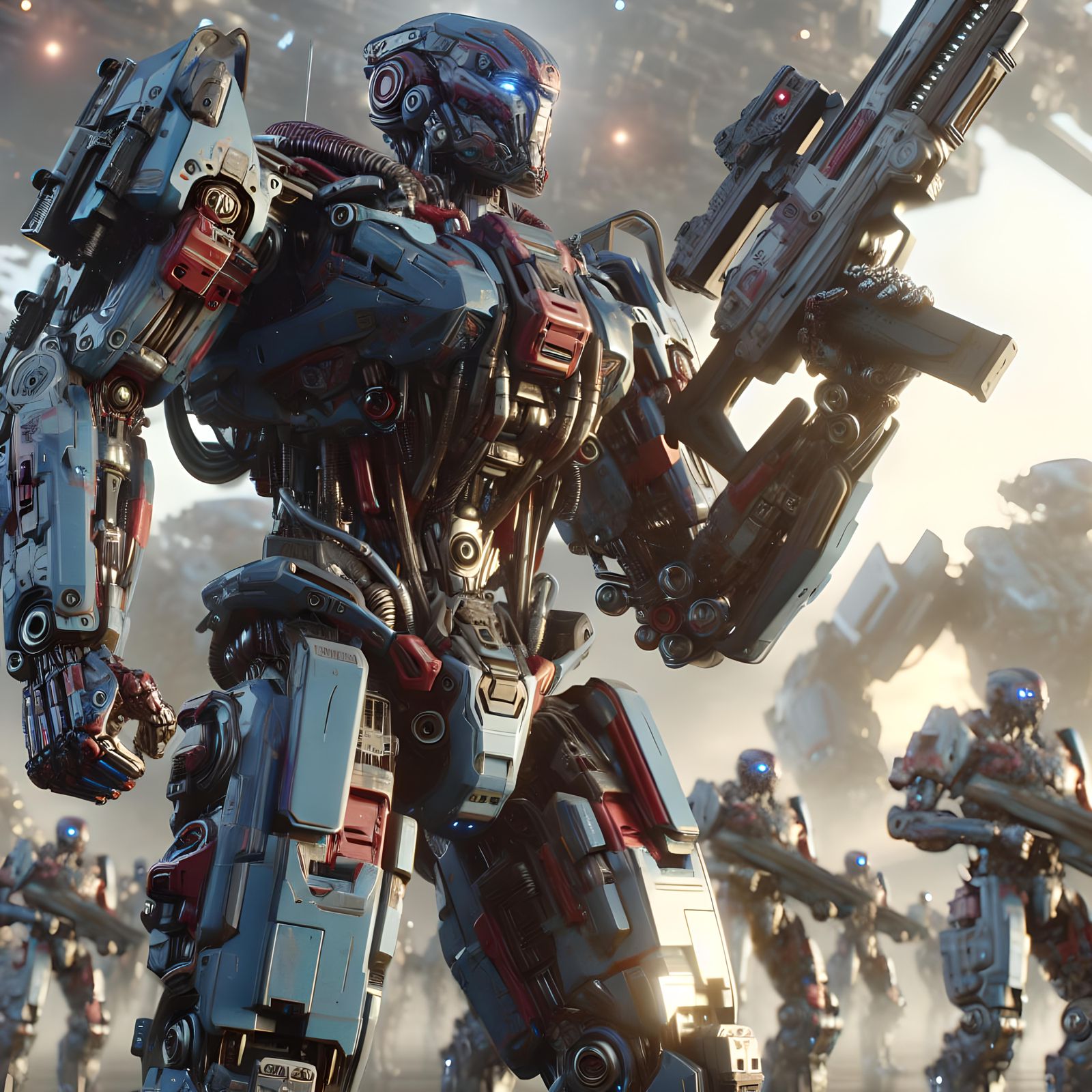 Epic Robot Leader on Battlefield in Sci-Fi Style