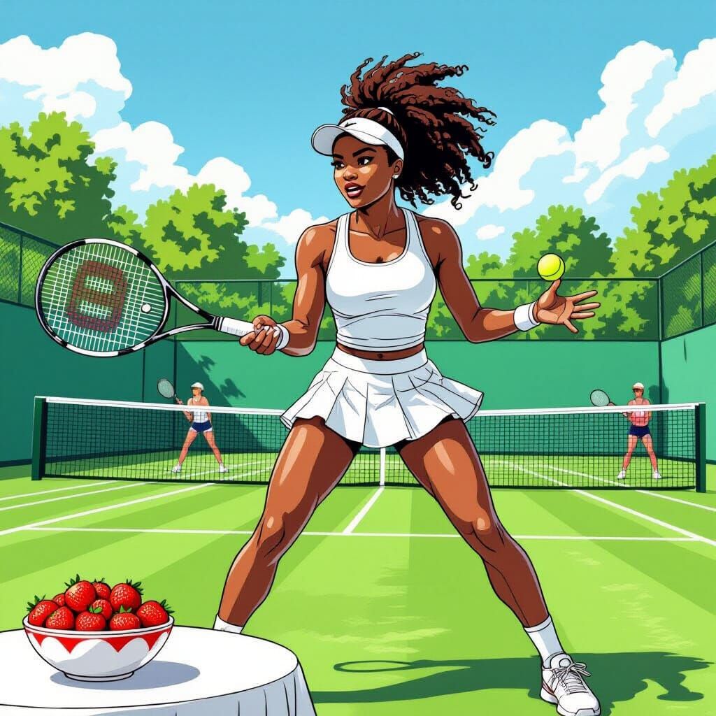 Black Female Tennis Player in Comic Style at Wimbledon
