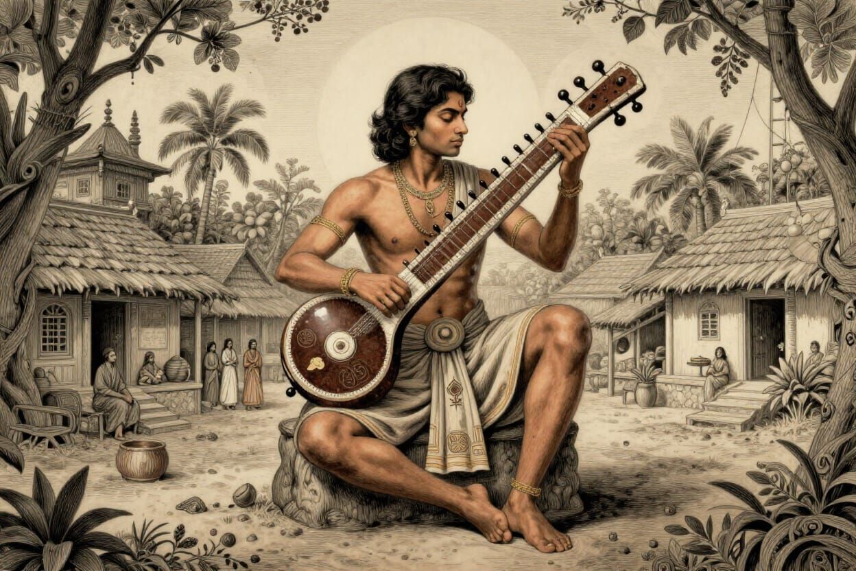 Indian Man Plays Sitar in Village Square