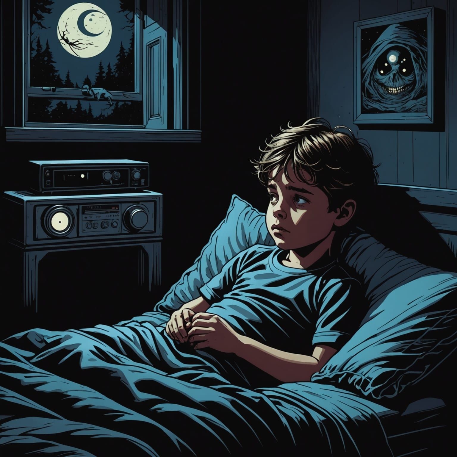 Menacing Eyes Watch Sleeping Child: Comic Book Art