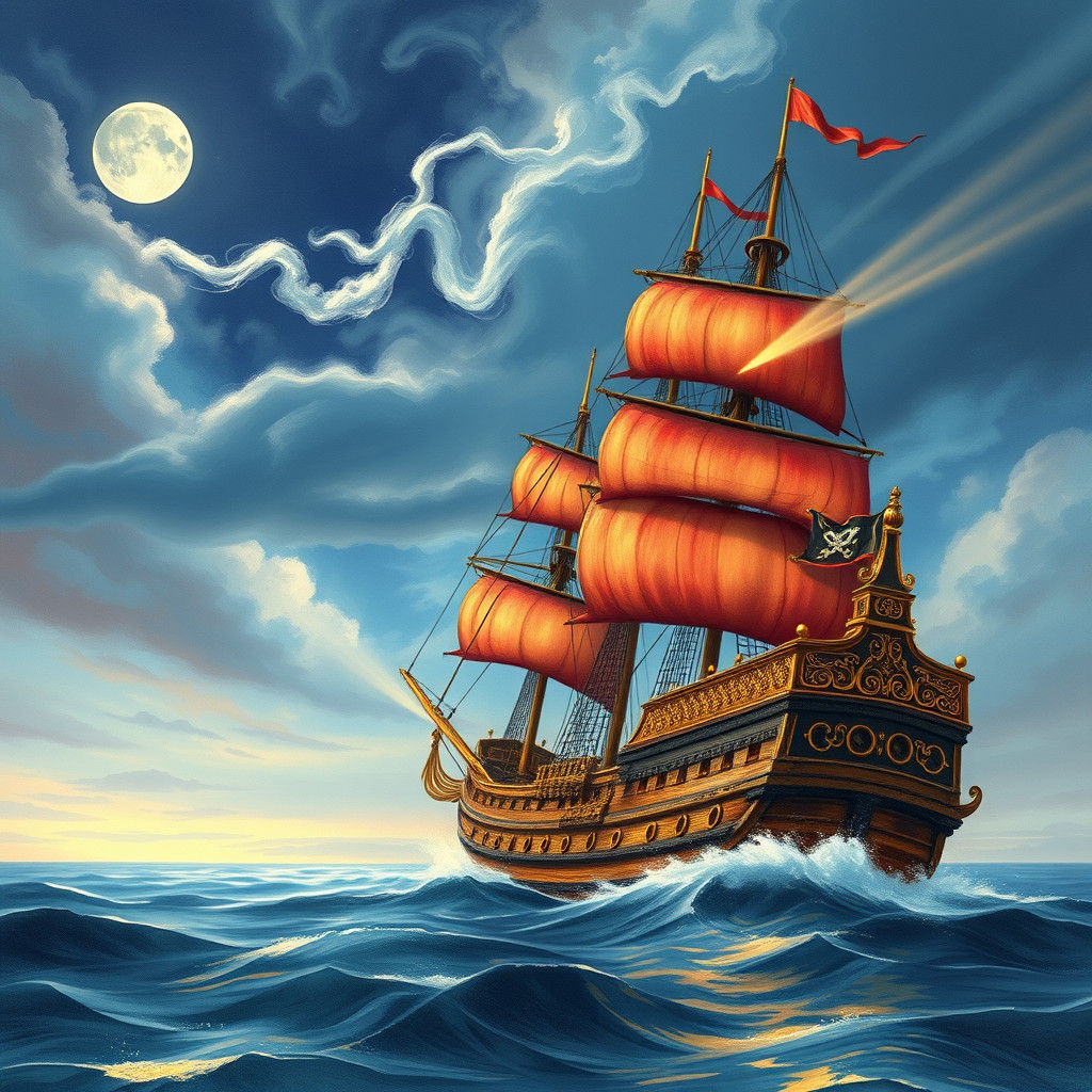 Pirate Ship on Mediterranean Seascape at Dusk