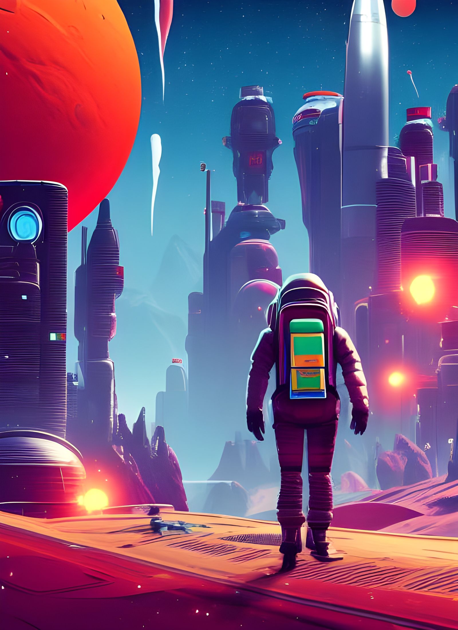 Spaceman in Snowy Alien City: Retrofuturistic Poster