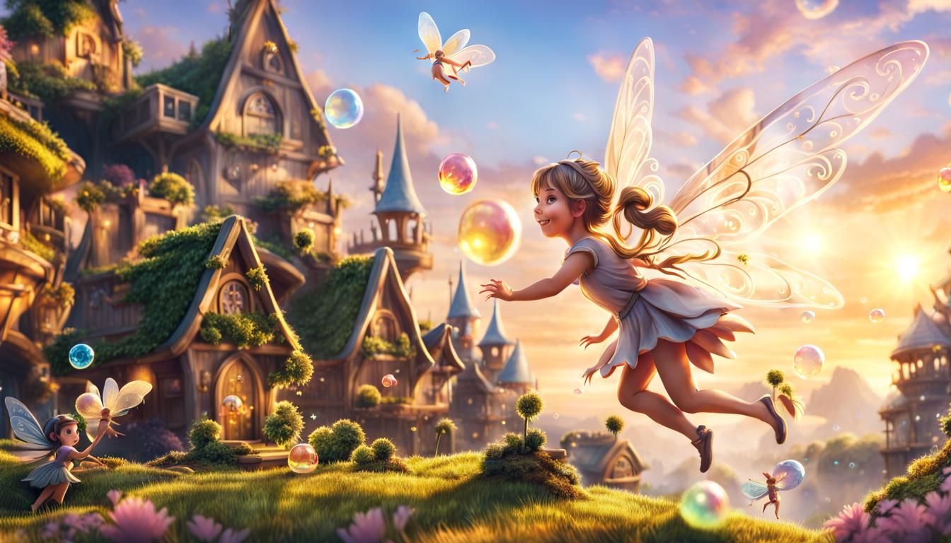 Fairies Playing in a Colorful Summer Village