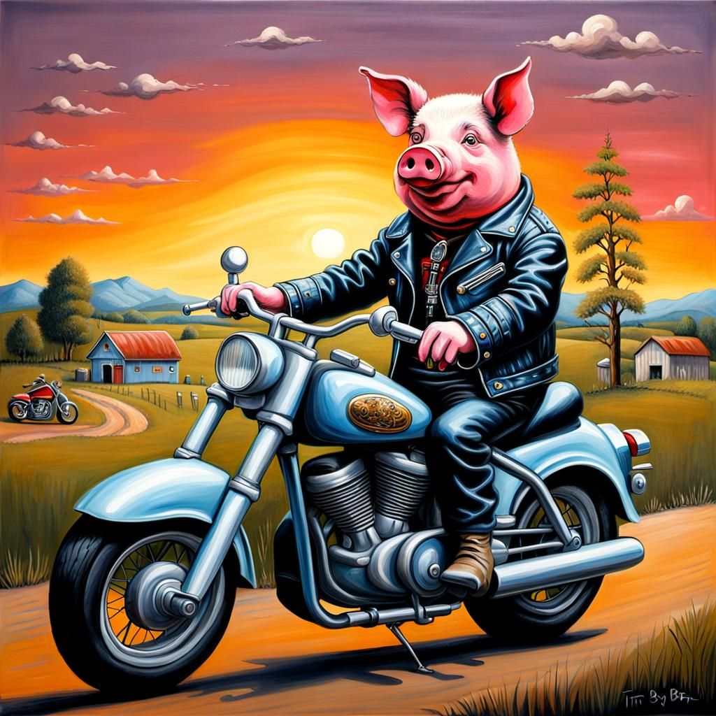 Pig rides motorcycle
