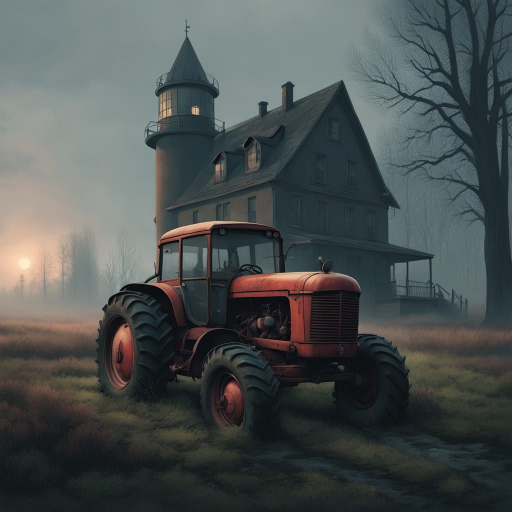 A lone, vintage tractor sits abandoned in a misty, overgrown...
