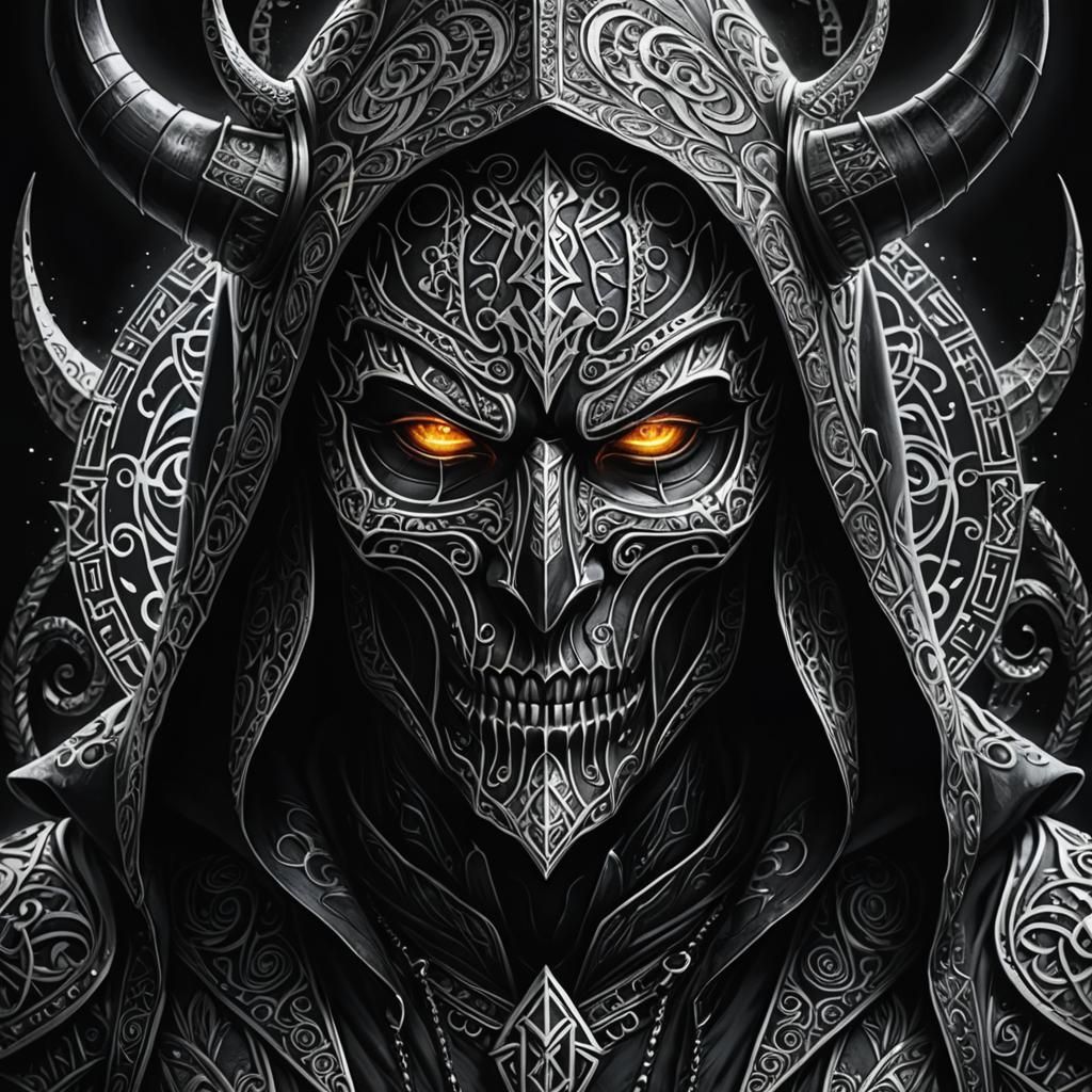 Demonic Sorcerer in Black and White Ink Drawing