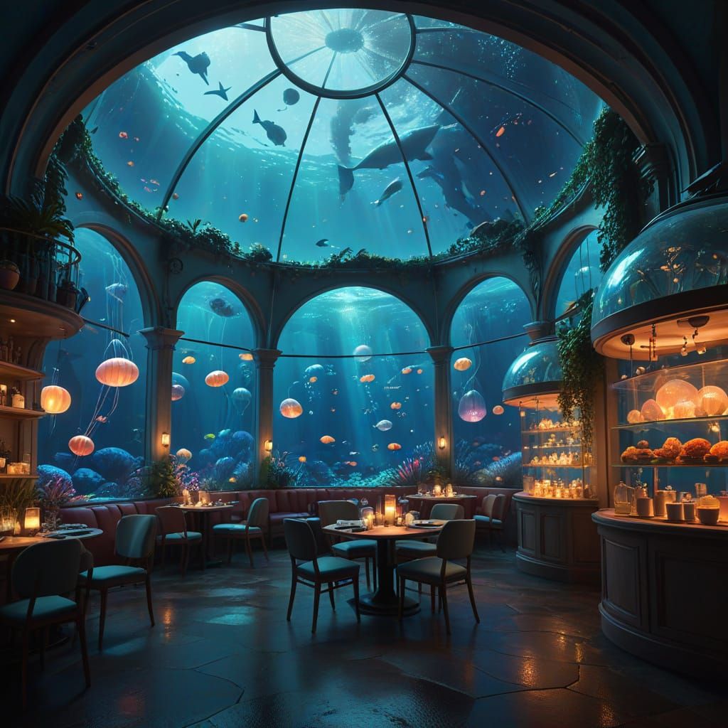 Underwater Bubble Cafe with Mermaids, Pixar-style