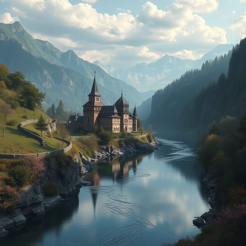 Fantasy Monastery at River Confluence: Detailed Matte Painti...