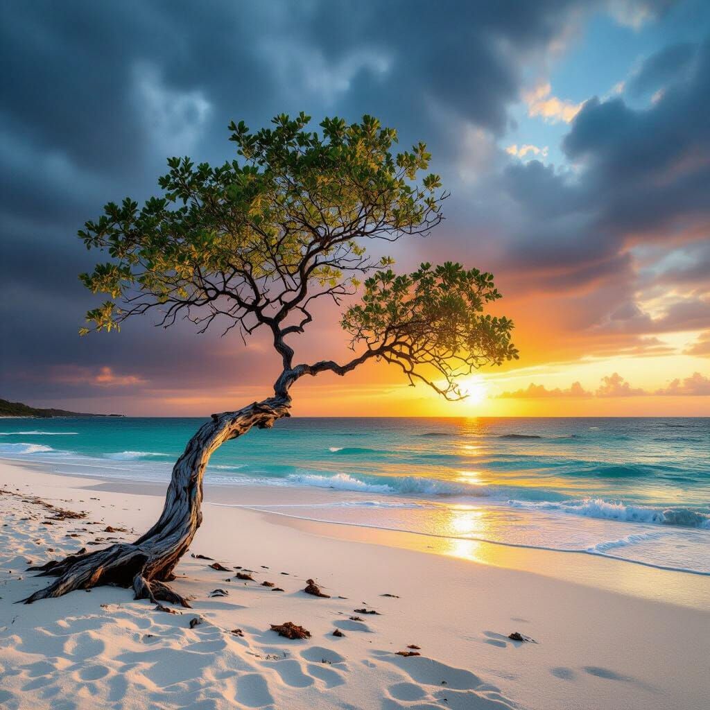 Dramatic Beach Sunset with Solitary Tree Silhouette