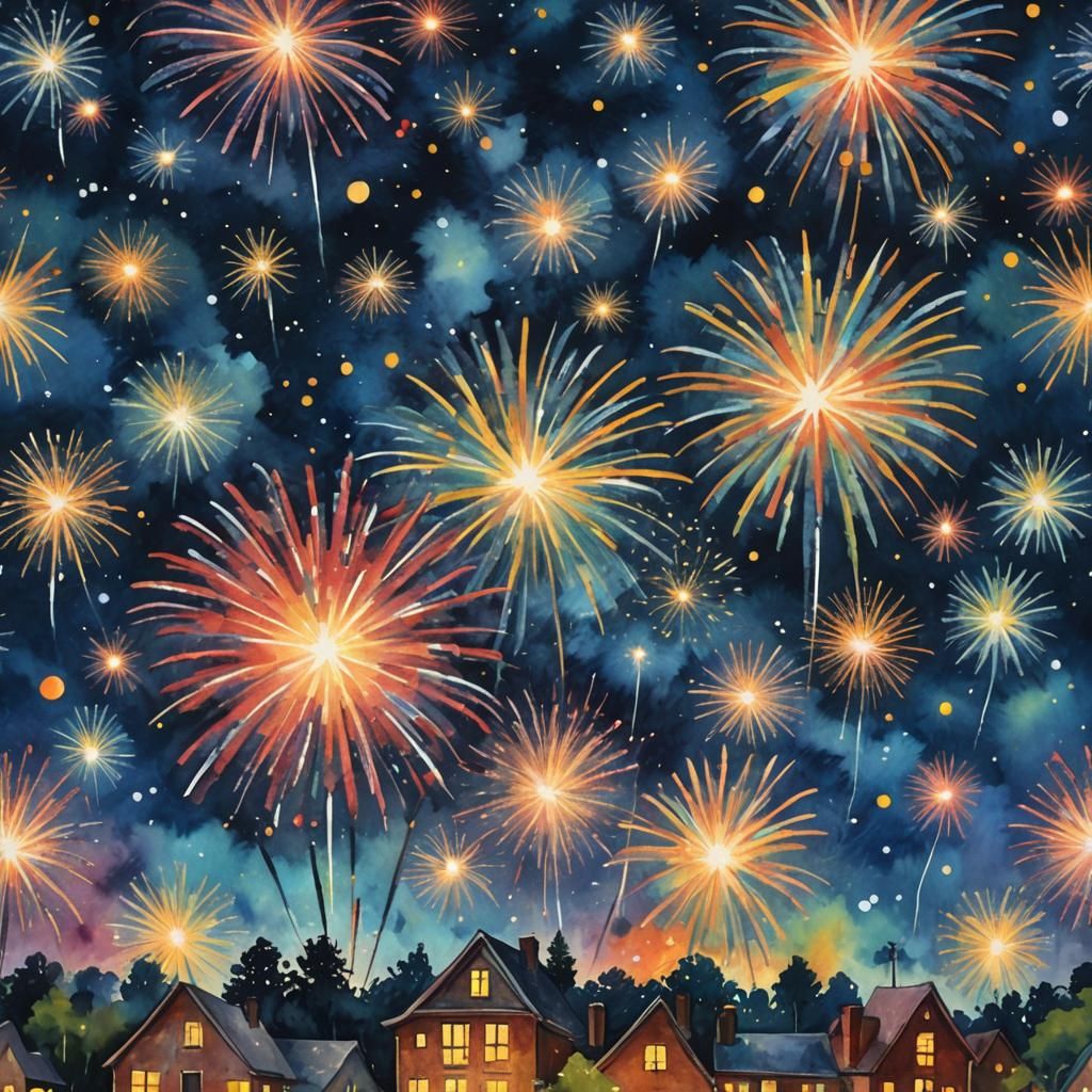 Fireworks Under Starry Sky: Gouache Watercolor Painting