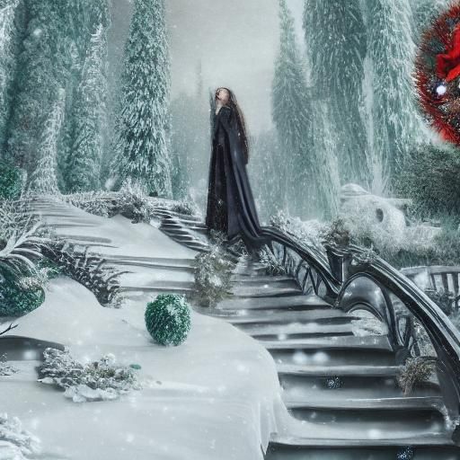 Woman in Gown at Stairway with Christmas Tree