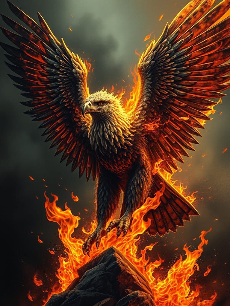 Flaming Eagle in Dark Gothic Horror Style