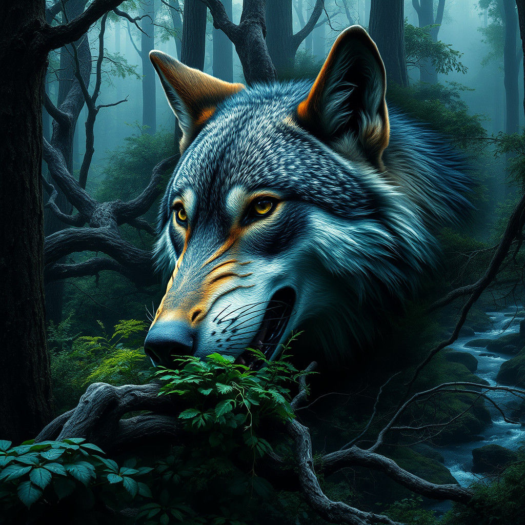 Wolf Devouring Forest Landscape in Hyperrealistic Style