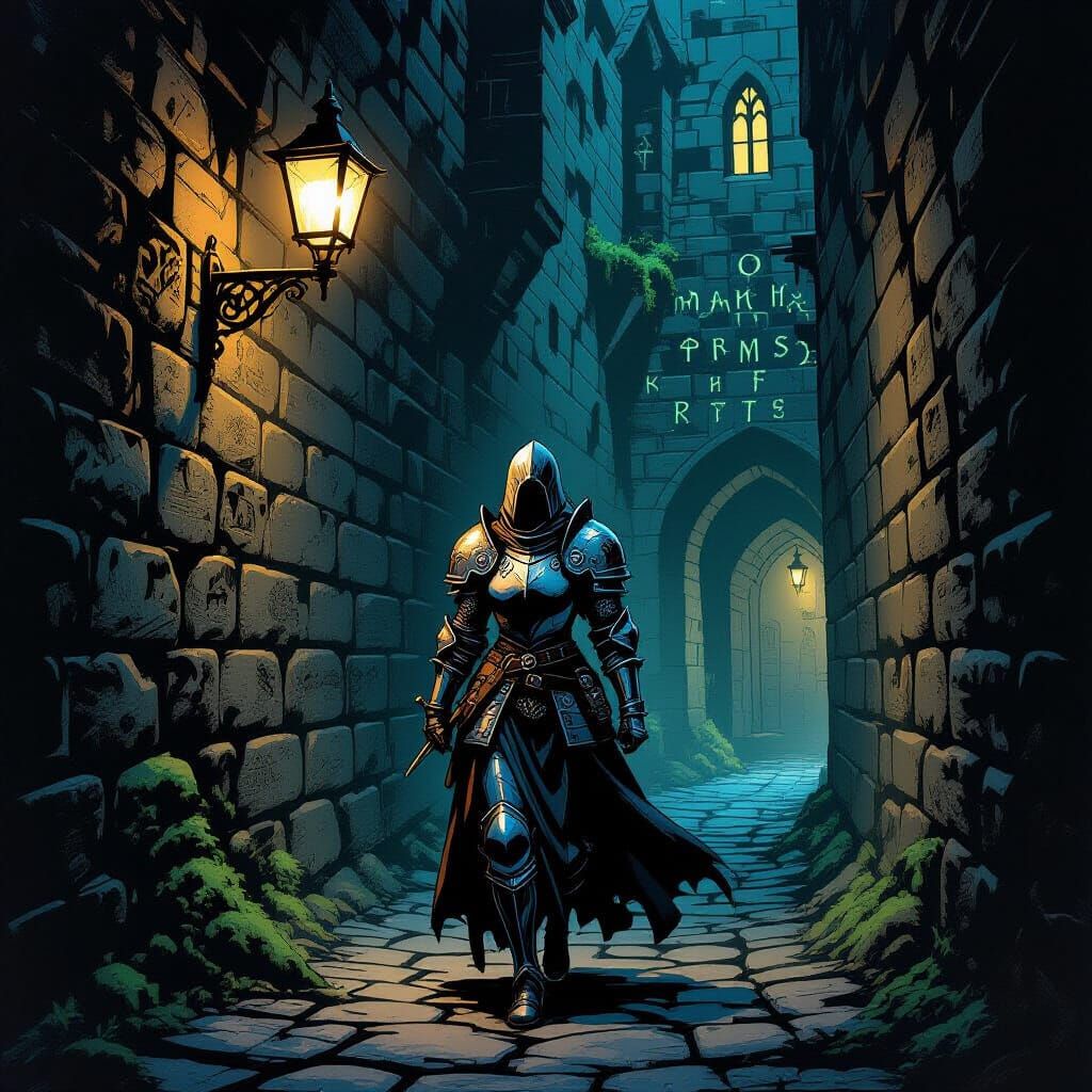 Gothic Knight in Dark Alleyway Comic Art Style