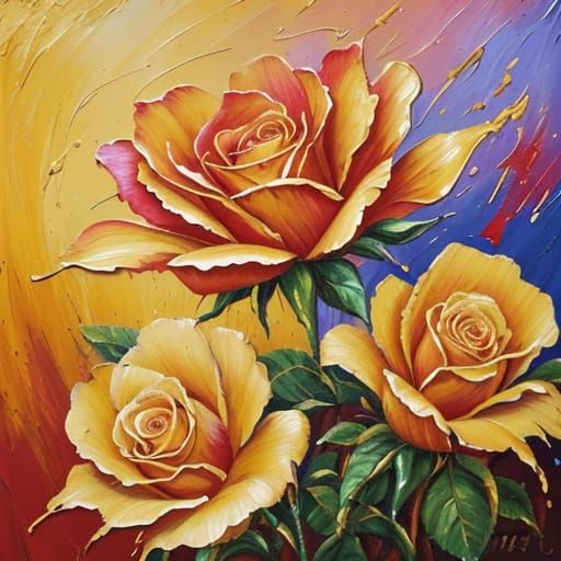Gold and Rose Flower Blooms as Impasto Painting