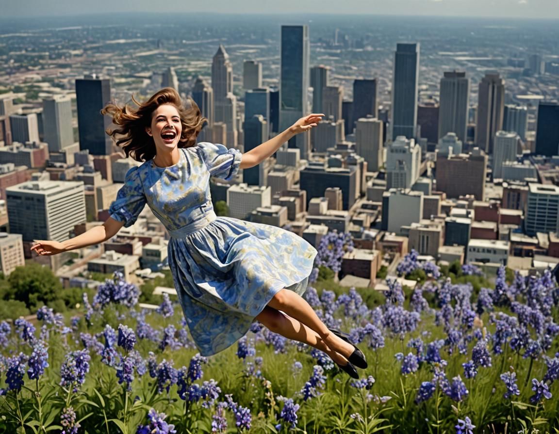 Happy Woman Floating Over Field of Flowers