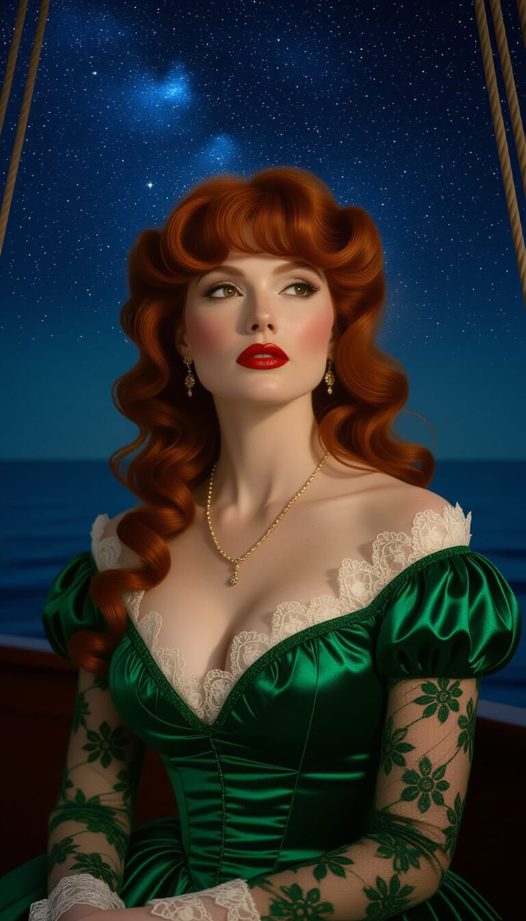 Dreamy Woman with Red Hair on Ship, Cinematic Style