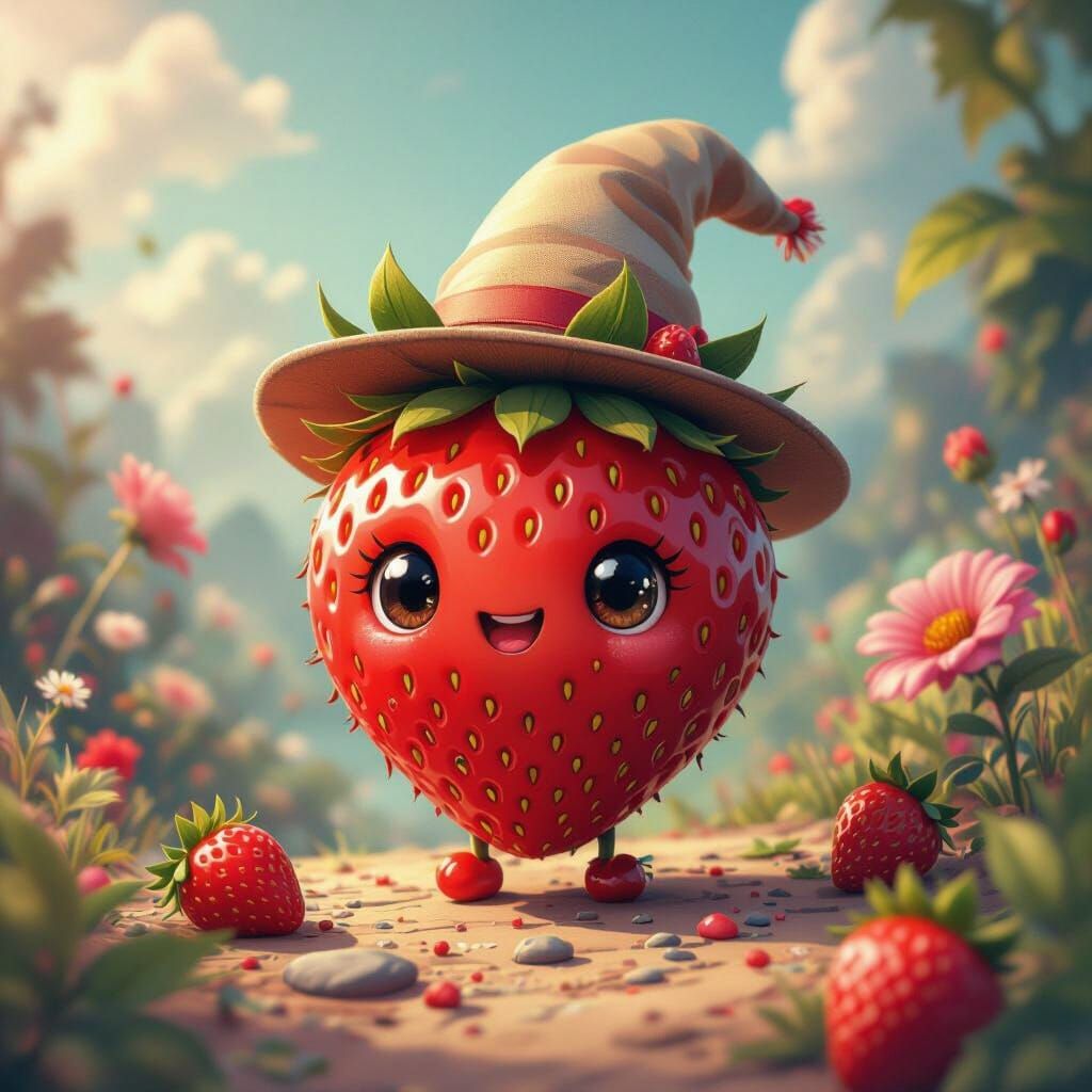 Chibi Strawberry in Hat: Fantasy Concept Art