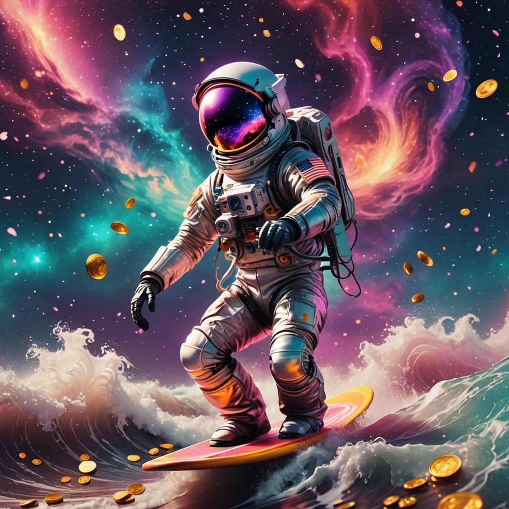 Astronaut Surfing a Wave of Jewels in Synthwave Style