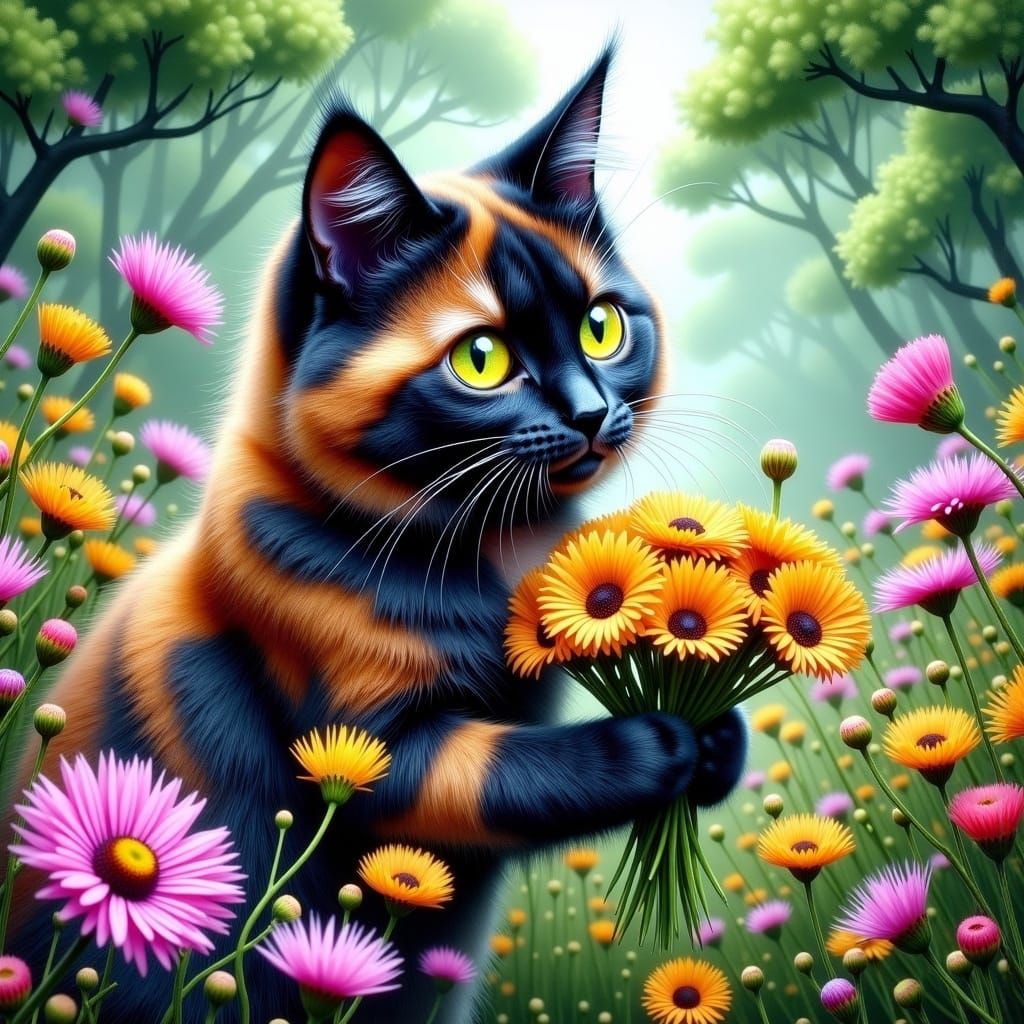 Whimsical Cat Picking Flowers in a Dreamlike Meadow