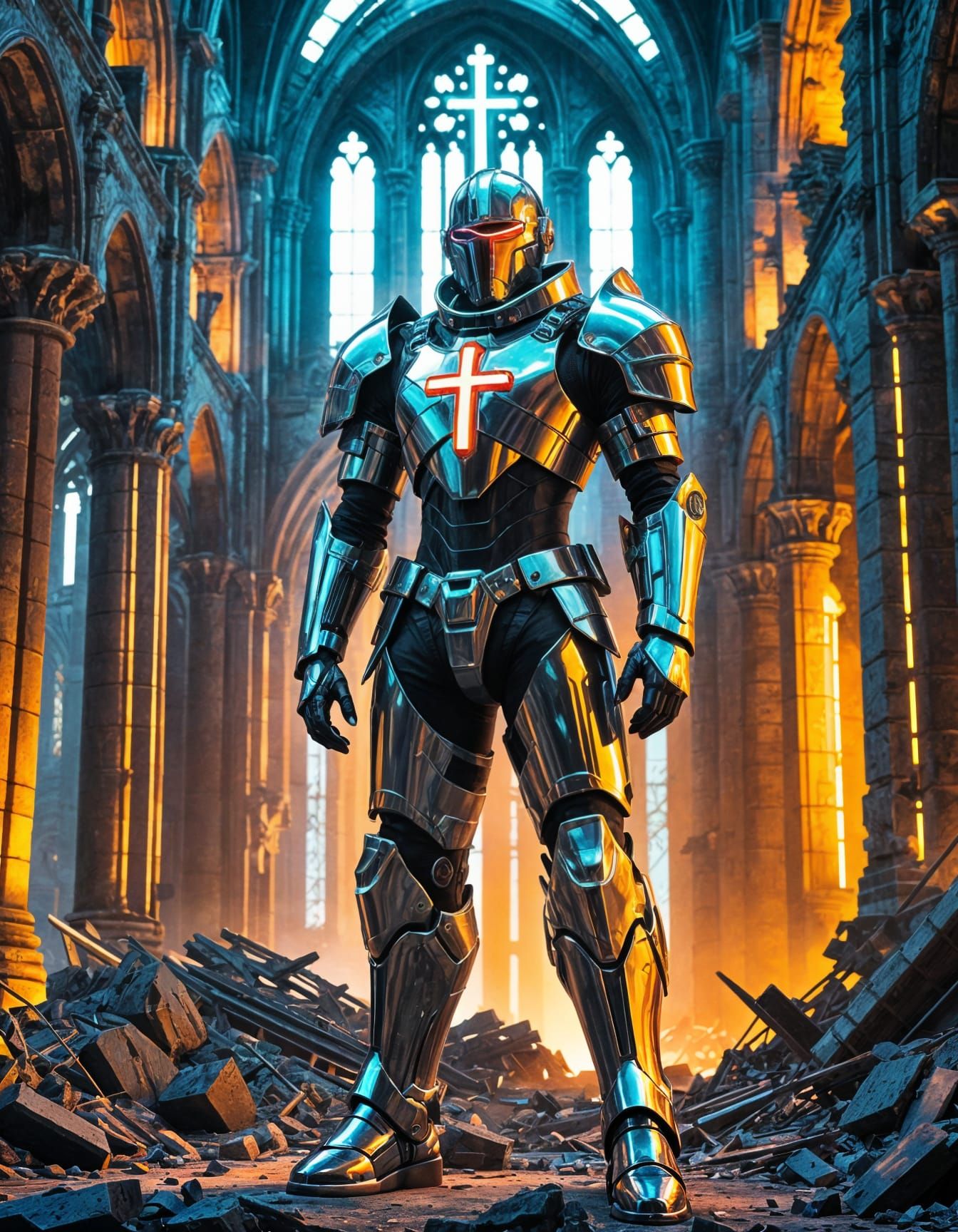 Cyber Knight Emerges in Ruins of Ancient Cathedral