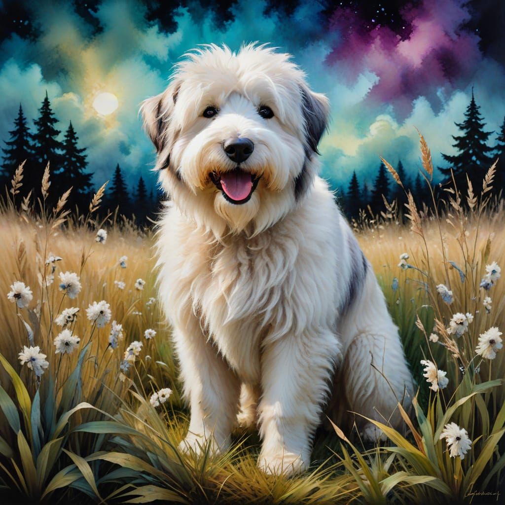 Fluffy English Sheepdog in Whimsical Australian Landscape