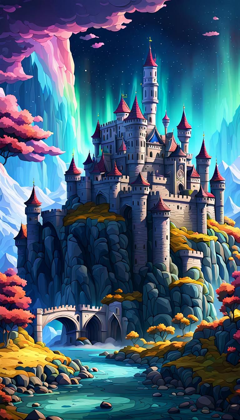 Detailed Castle Scenery with Aurora in Digital Art