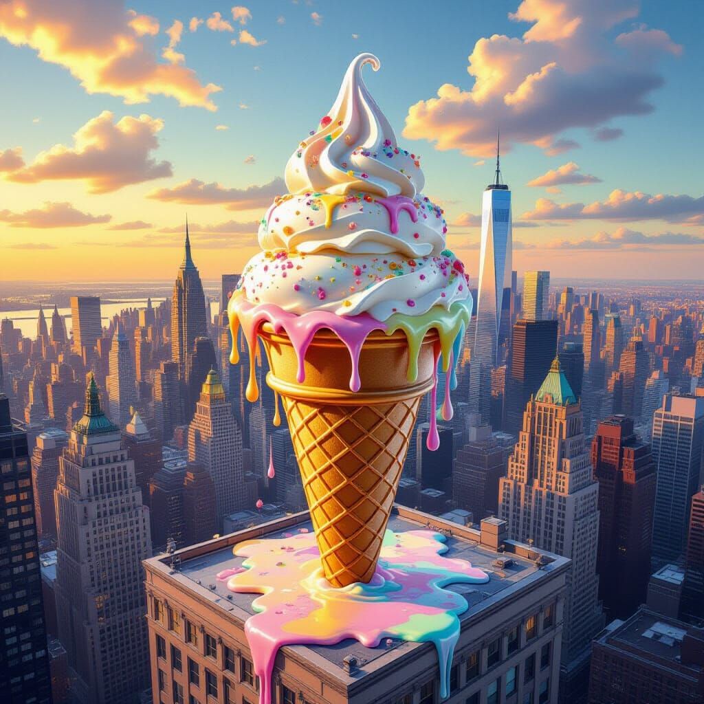 Giant Ice Cream Cone Melts Skyscraper: Surrealist Art