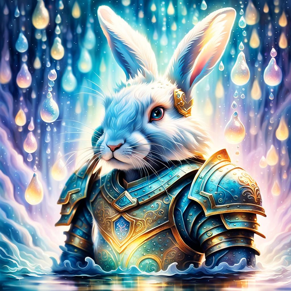 Rabbit in Water Armor: Whimsical Fantasy Illustration