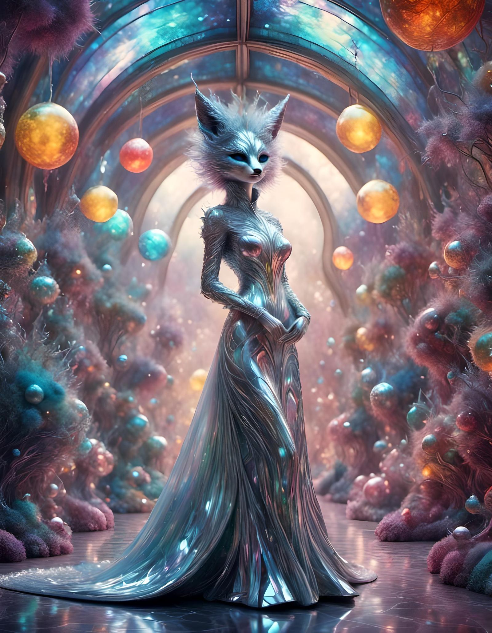 Futuristic Foxwoman in Silver Outfit, Vivid Colors