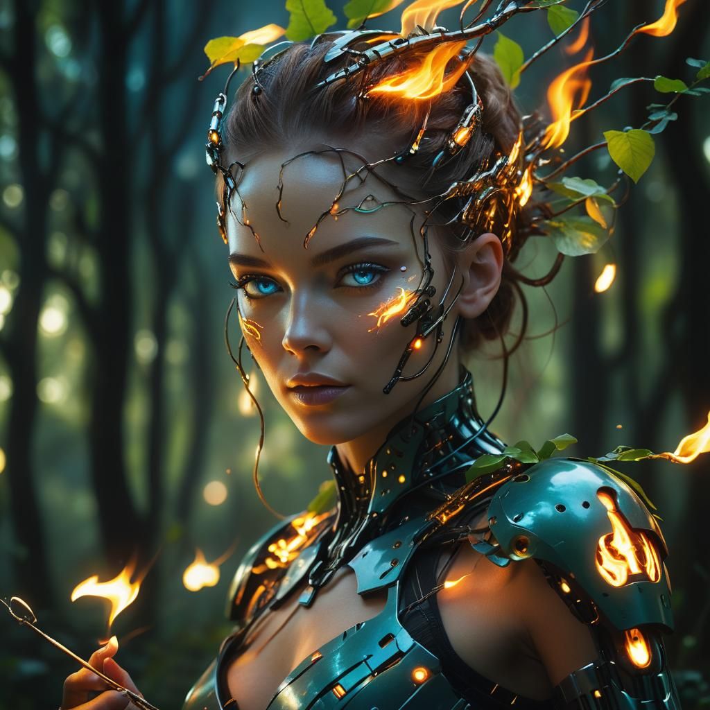 Cyborg Woman in Cyberpunk Forest, Fiery Portrait